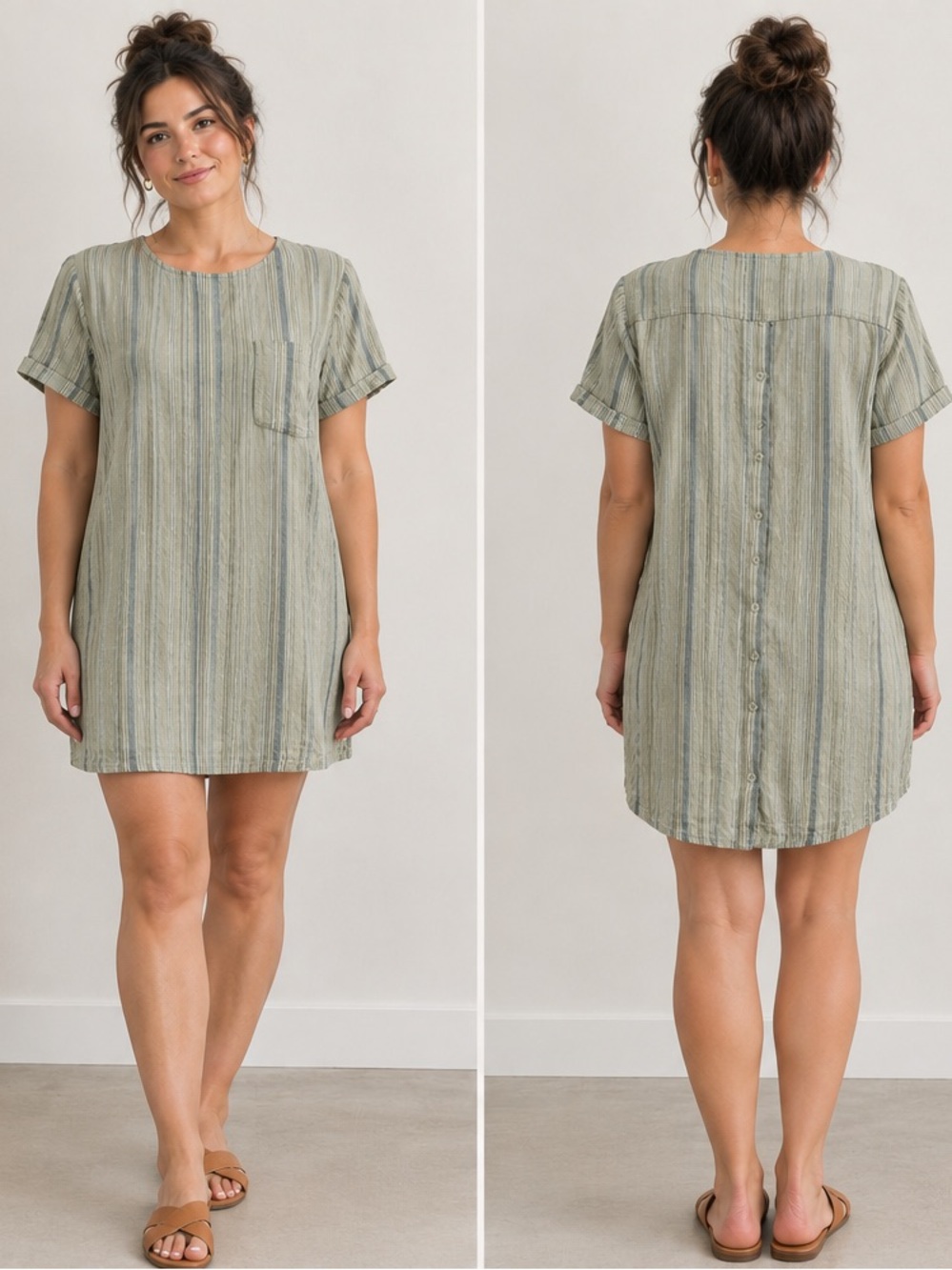 Anthropologie Cloth & Stone Green Blue Striped Linen Tunic Mini Dress Size XS
